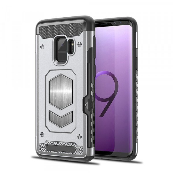 Wholesale Galaxy S9+ (Plus) Metallic Plate Case Work with Magnetic Holder and Card Slot (Silver)